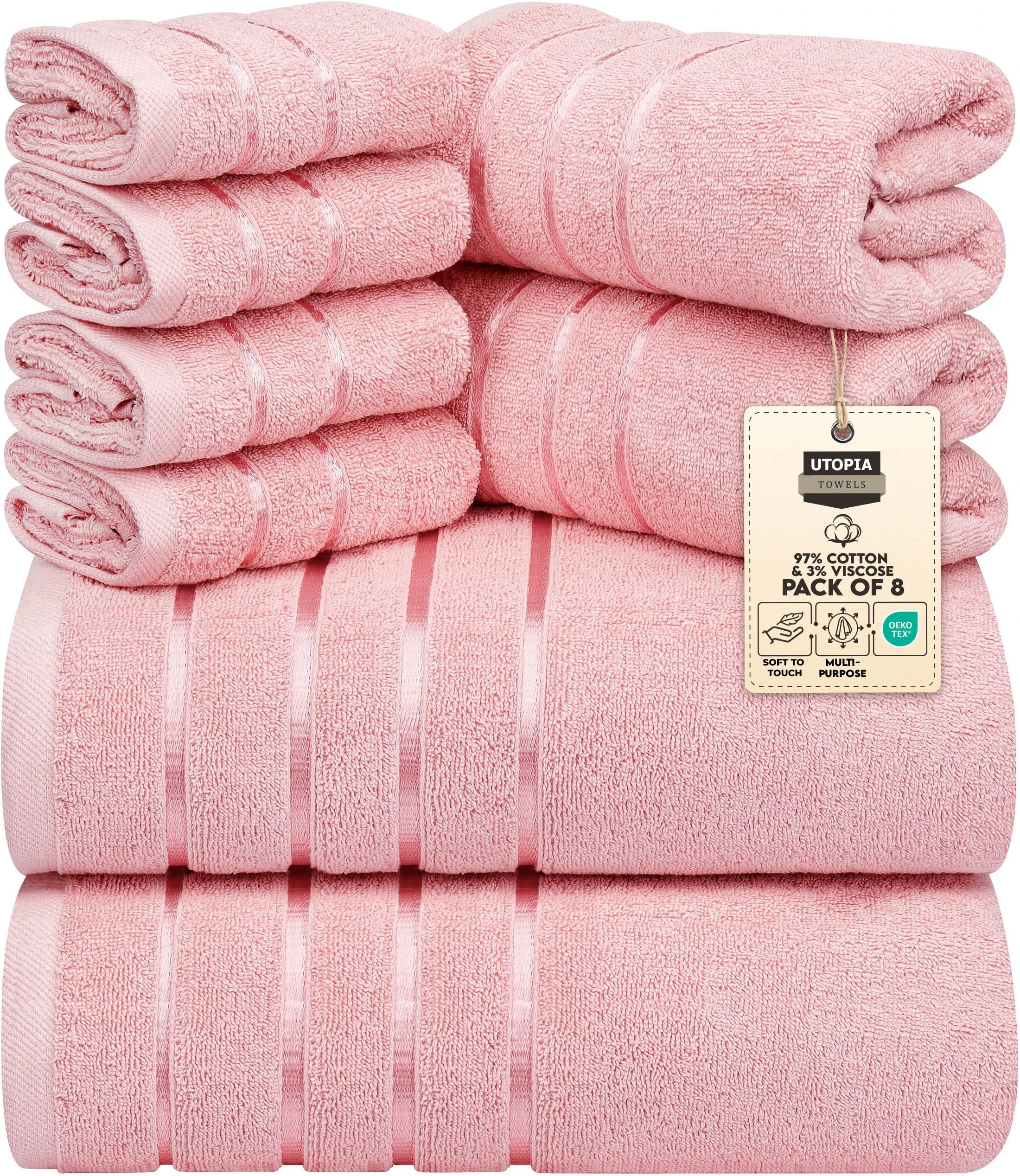 Utopia Towels 8-Piece Luxury Towel Set, 2 Bath Towels, 2 Hand Towels, and 4 Wash Cloths,97% Ring Spun Cotton Highly Absorbent Viscose Stripe Towels Ideal for Everyday use (DUSTY PINK)