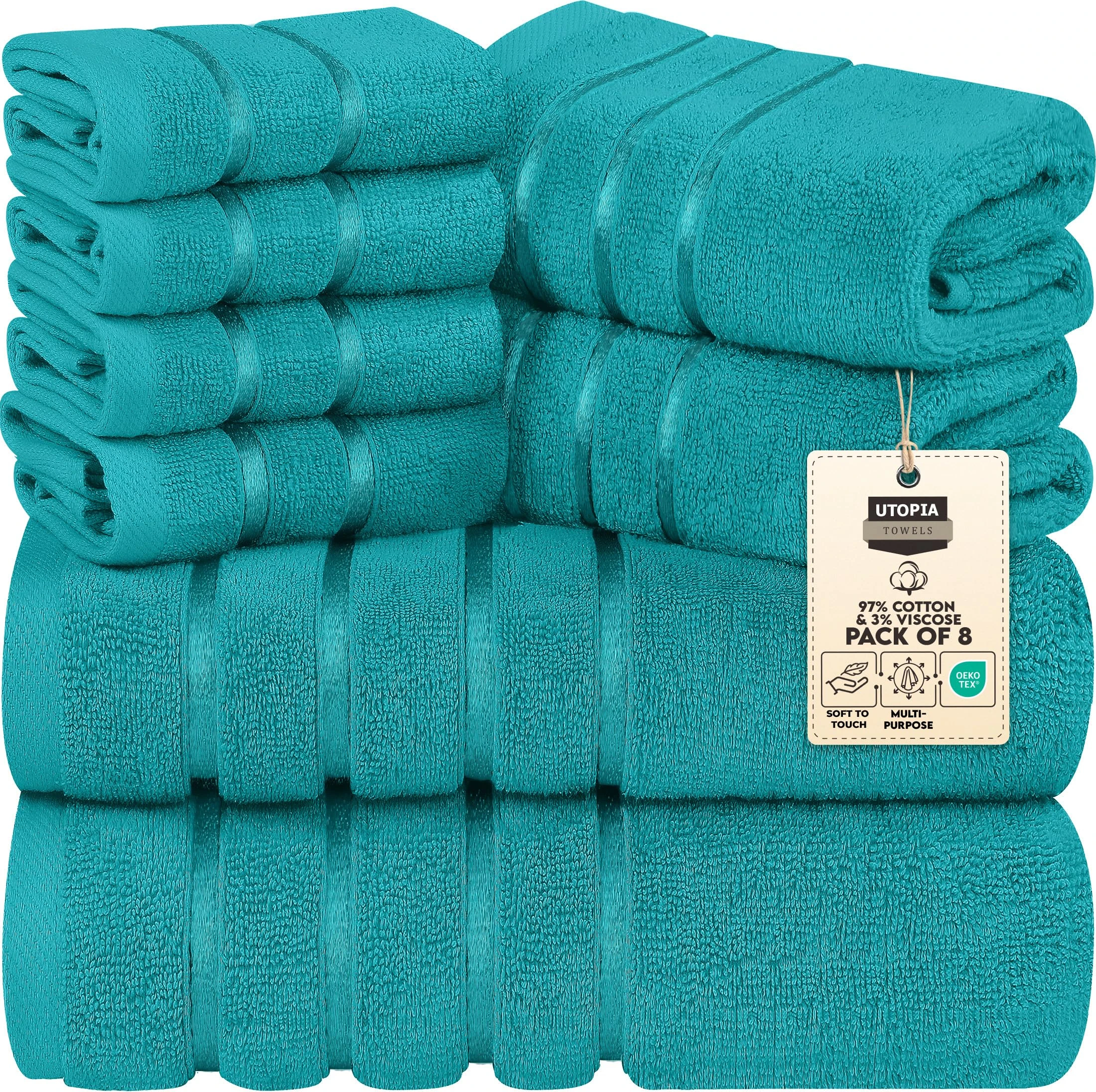 Utopia Towels 8-Piece Luxury Towel Set, 2 Bath Towels, 2 Hand Towels, and 4 Wash Cloths,97% Ring Spun Cotton Highly Absorbent Viscose Stripe Towels Ideal for Everyday use (Turquoise)