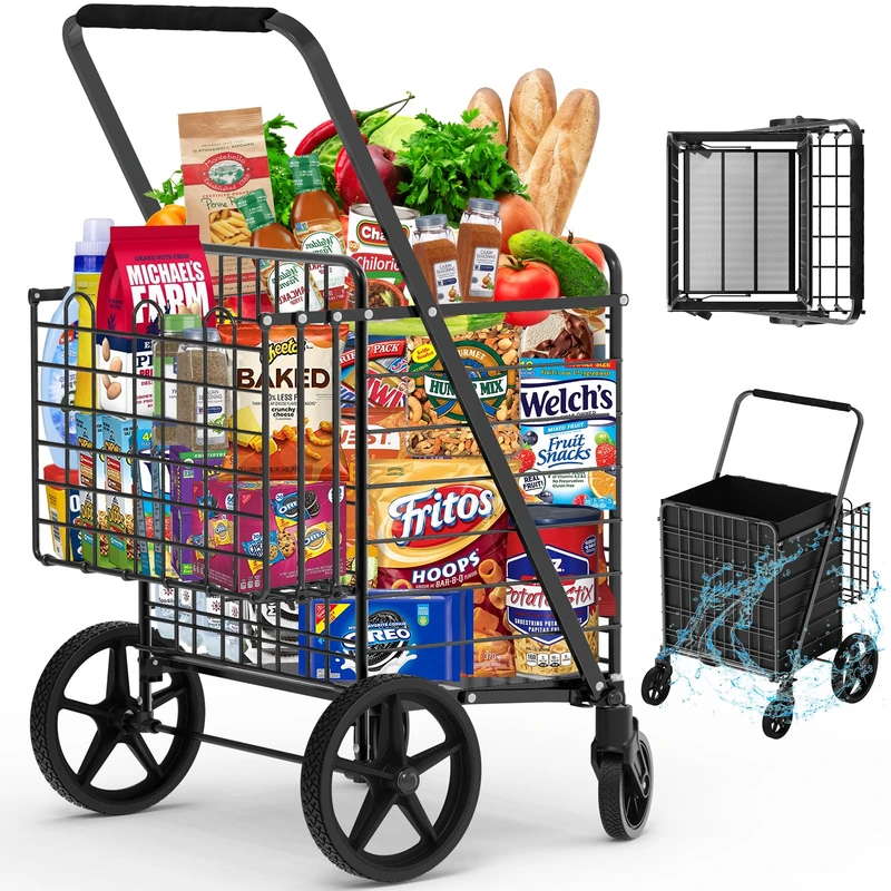 450lbs Capacity Shopping Cart, Upgrade Huge Grocery Cart on Wheels, Heavy Duty Foldable Utility With Double Basket and 360° Rolling Swivel Wheels for Groceries Laundry Transport