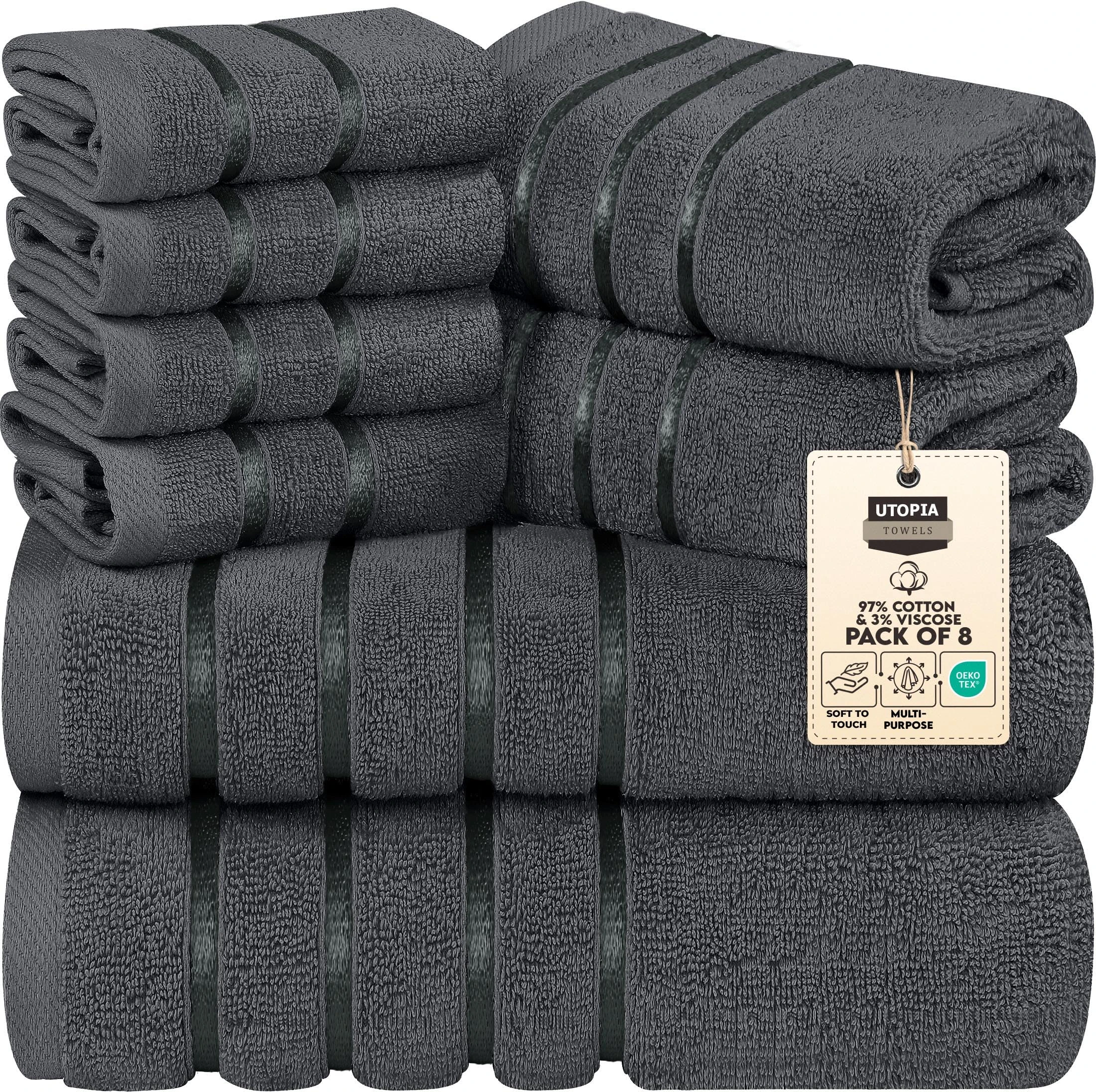 Utopia Towels 8-Piece Luxury Towel Set, 2 Bath Towels, 2 Hand Towels, and 4 Wash Cloths,97% Ring Spun Cotton Highly Absorbent Viscose Stripe Towels Ideal for Everyday use (GREY)