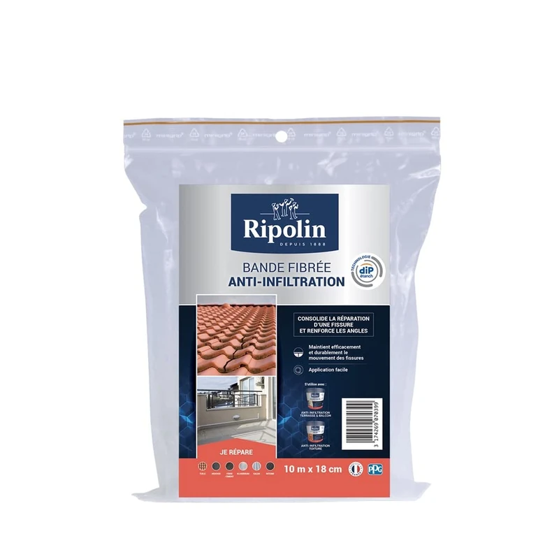 RIPOLIN - Fibre Anti-Infiltration Tape - Crack Strengthening - All Supports - 10 m x 18 cm