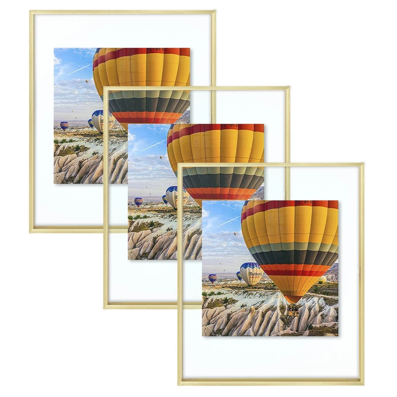 Golden State Art, 16x20 Floating Frame, Aluminum Picture Frame, Clear Glass Displays Any Size Photo Up to 16x20, for Wall or Table Top Decoration (Gold, 3 Pack)