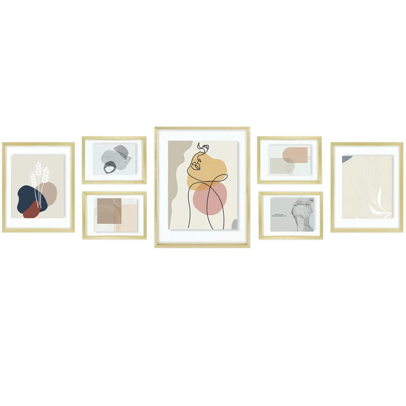 Golden State Art, 7 Pack Floating Frames for One 11x14, Two 8x10, and Four 5x7 Pictures. Aluminum Photos Frame for Wall Display (Gold)