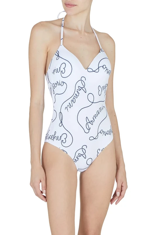 Emporio Armani Women's Logomania Padded Swimsuit One Piece, White/Navy Blue, S