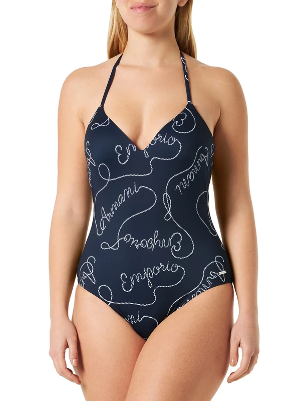 Emporio Armani Women's Logomania Padded One Piece Swimsuit, Navy/White, XS