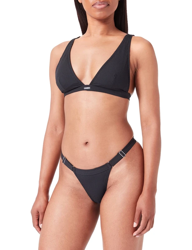 Emporio Armani Women's Ribbed Lycra Sailing Triangle and T-Brazilian Bikini Set, Black, L