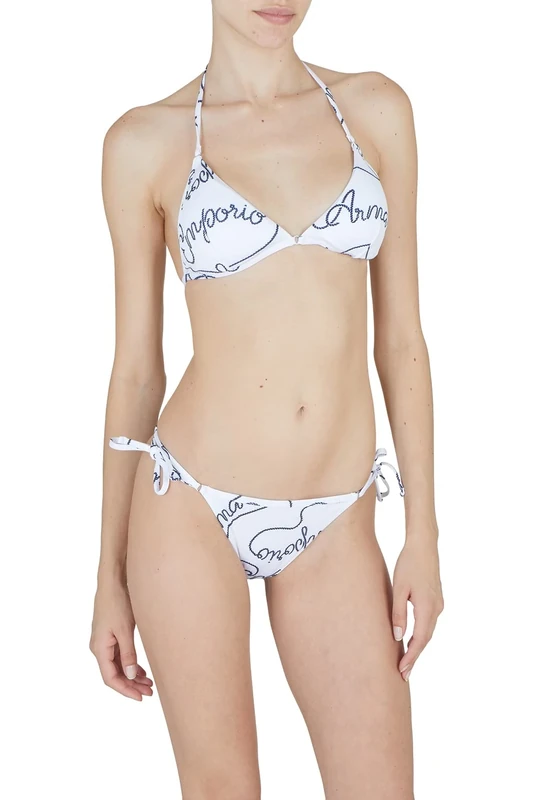 Emporio Armani Women's Logomania Triangle String Brazilian Bikini Set, White/Navy Blue, L