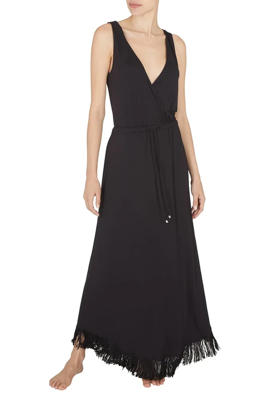 Emporio Armani Women's Fringes Viscose Long Dress, Black, XS