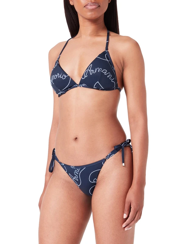 Emporio Armani Women's Logomania Triangle String Brazilian Bikini Set, Navy/White, S