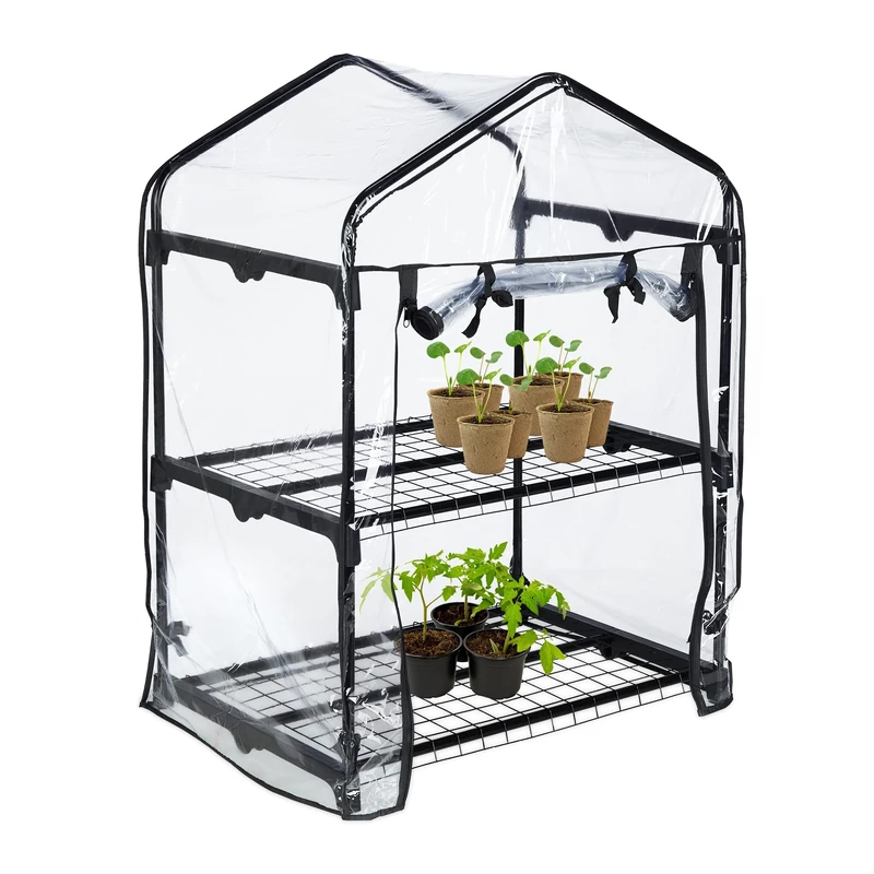 Relaxdays Greenhouse Balcony, PVC Film, Steel, HxWxD: 94 x 69 x 49 cm, Propagator 2 Levels, Black/Transparent