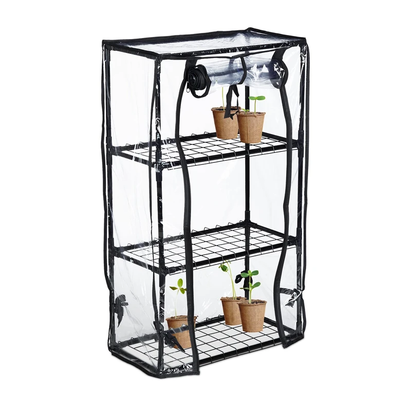 Relaxdays Greenhouse For Balcony, PVC Film , Steel, HxWxD: 126 x 59 x 37 cm, Propagator 3 Levels, Black/Transparent