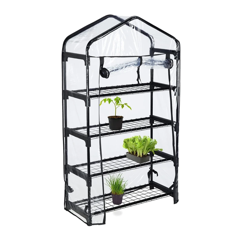 Relaxdays Greenhouse For Balcony, PVC Film, Steel, HxWxD: 125 x 69 x 29 cm, Mini Propagator 4 Levels, Black/Transparent