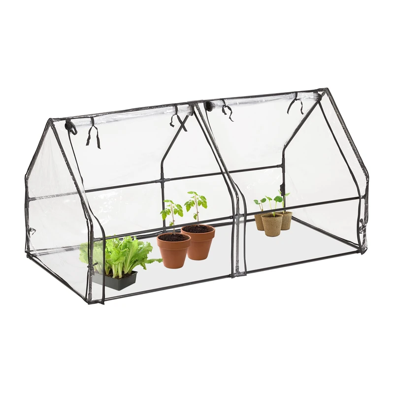 Relaxdays PVC Film Cold Frame, HWD: 92 x 180 x 92 cm, 2 Windows, Pointed Roof, Low Greenhouse, Transparent