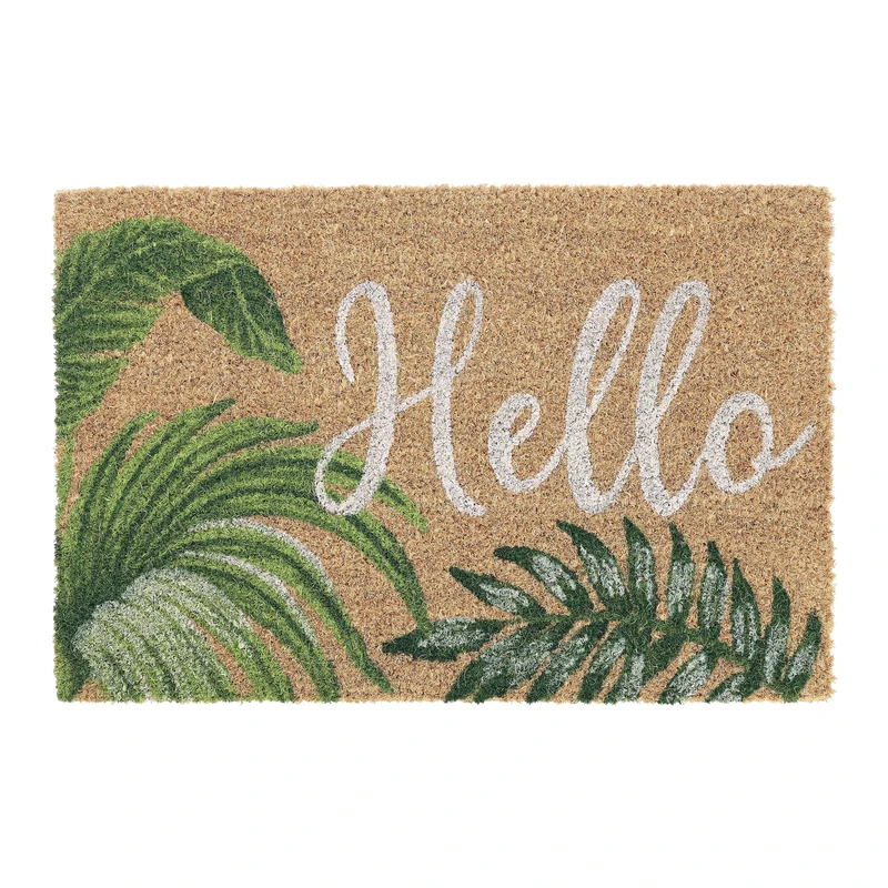 Relaxdays Hello Leaves Doormat Coir Rubber, 40 x 60 cm, Welcome Door Mat Inside & Outside, Non-Slip, Natural Coir/Green