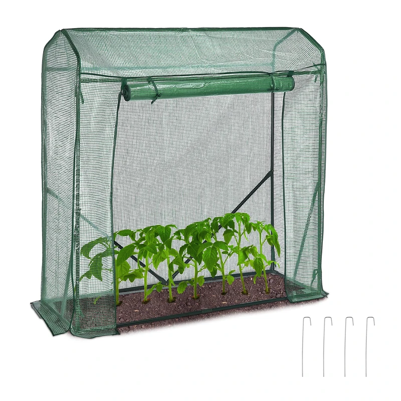 Relaxdays Mini Greenhouse, Iron & PE Mesh Cover, for Tomatos and Cucumbers, HWD: 154 x 152 x 50 cm, Door with Zip, Green