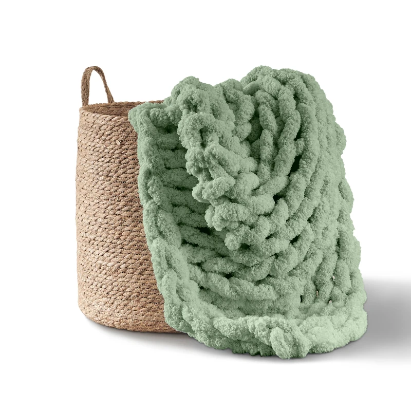 Adyrescia Chunky Knit Blanket Throw | 100% Hand Knit with Jumbo Chenille Yarn (50"x60", Sage Green)