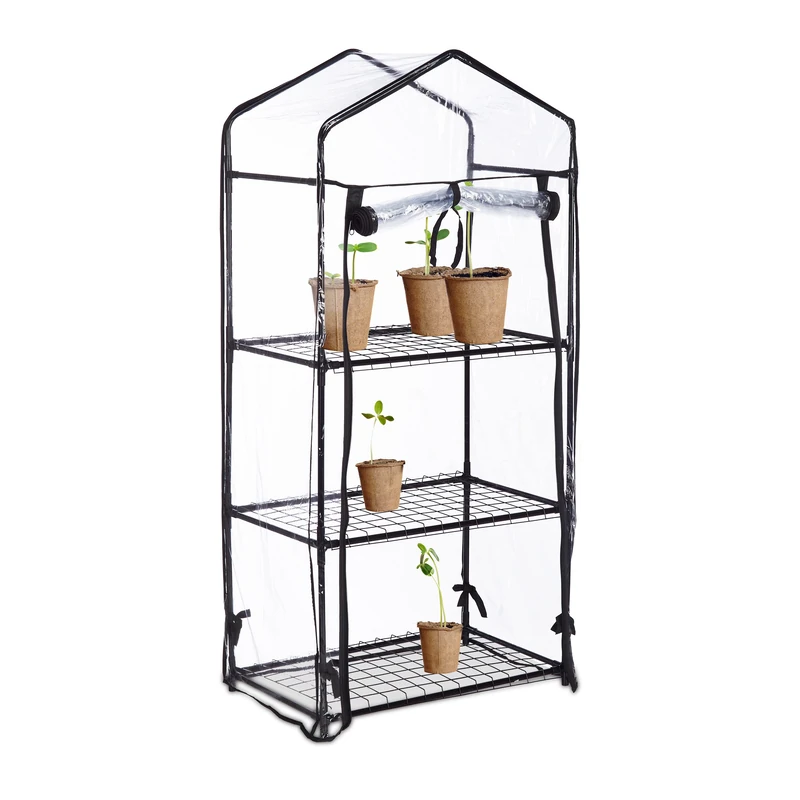 Relaxdays Greenhouse For Balcony, PVC Film, Steel, HxWxD: 126 x 59 x 37 cm, Mini Propagator 3 Levels, Black/Transparent