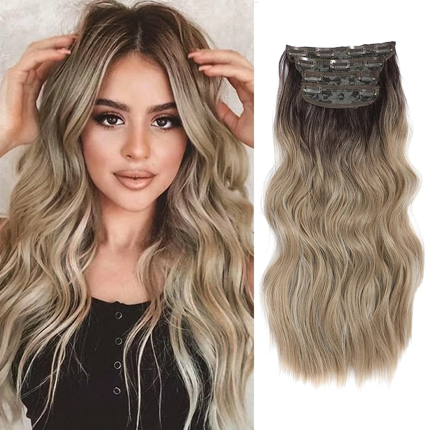 Hair Extensions Clip in 4pcs Ombre Natural Blonde Hair Extension Long Wavy Full Head Clip in Hair Extension Synthetic Fiber Hair Pieces for Women