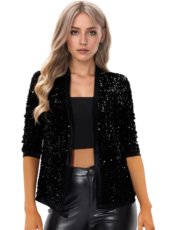 Allegra K Women's Sequin Cardigan Open Front Collarless 3/4 Sleeve Velvet Jacket Black S