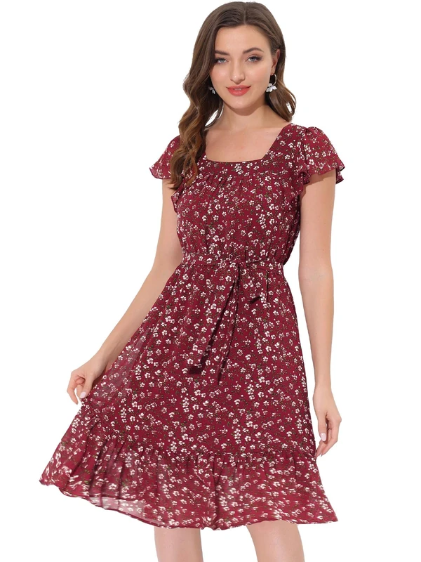 Allegra K Women's Floral Chiffon Flutter Sleeve Belted Square Neck Ruffled Hem Dress, Burgundy, X-Small
