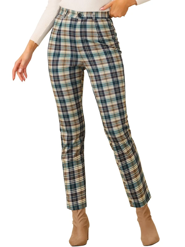 Allegra K Women's Plaid Cropped Trousers Button Casual Tartan Check Work Pants, Green, Large