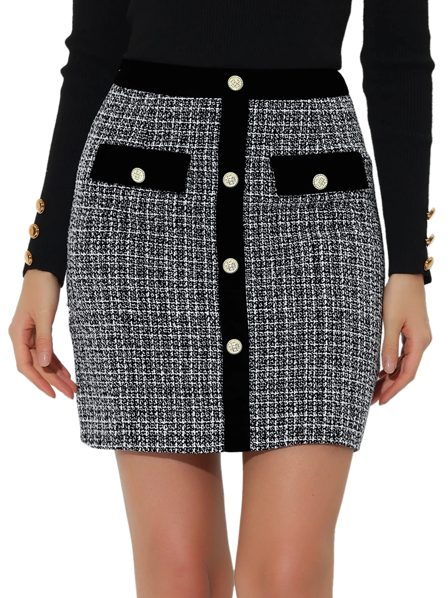 Allegra K Women's Tweed Plaid High Waist Button Decor Bodycon Elegant Office Mini Skirt, Black, S