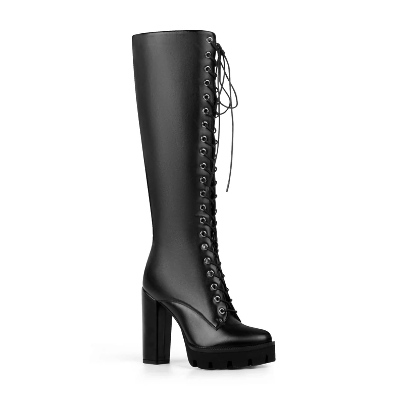 ANN CREEK Women's Black Lace Up Knee High Platform Boots Lug Sole High Chunky Heel Boots, Black, 6.5 UK