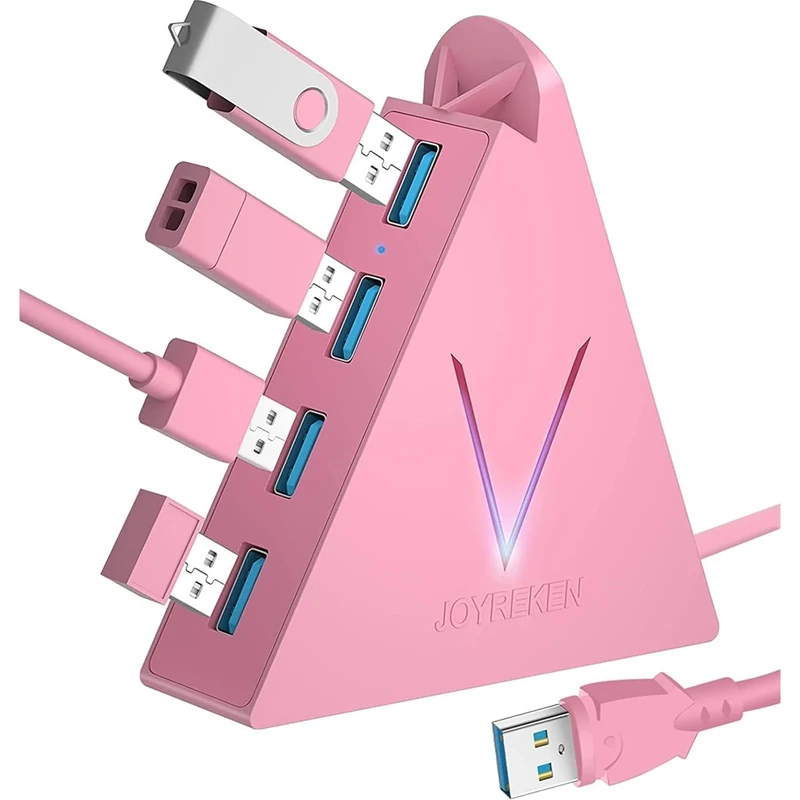 JoyReken 4-Port USB 3.0 Hub with 2ft Cable - Vertical Pink