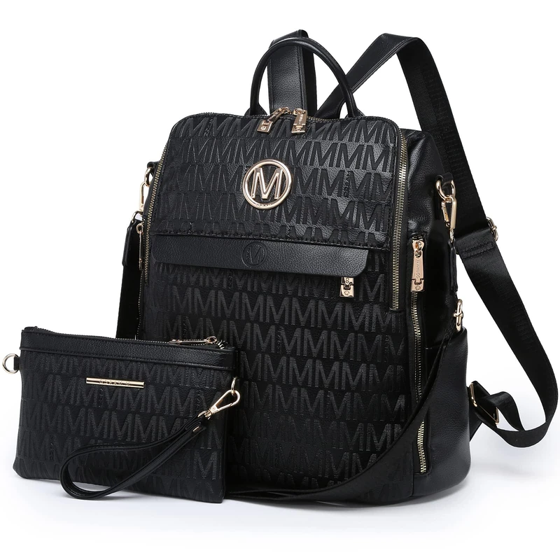 MKP Women Fashion Backpack Purse PU Leather Convertible Medium Ladies Rucksack Travel Shoulder Bags Handbag and Purse 2Pcs, Black, M, Rucksack Backpacks