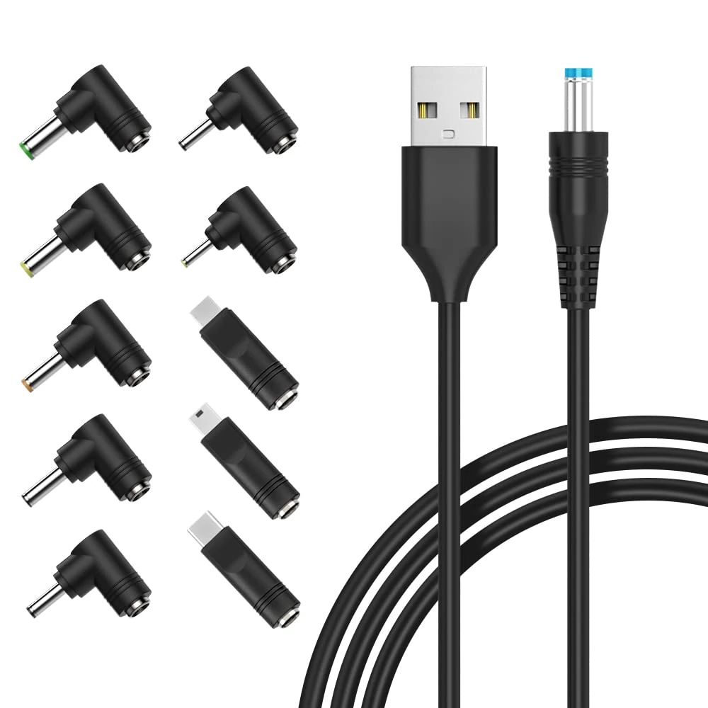 USB to DC Power Cable, Zolt Univeral 5V Power Cord DC 5.5 x 2.1mm barrel Jack Adapter with 10 Plugs, 5.5 x 2.5mm, USB Type C, Mirco USB, Mini USB, 4.8 x 1.7mm, 4.0 x 1.7mm and more