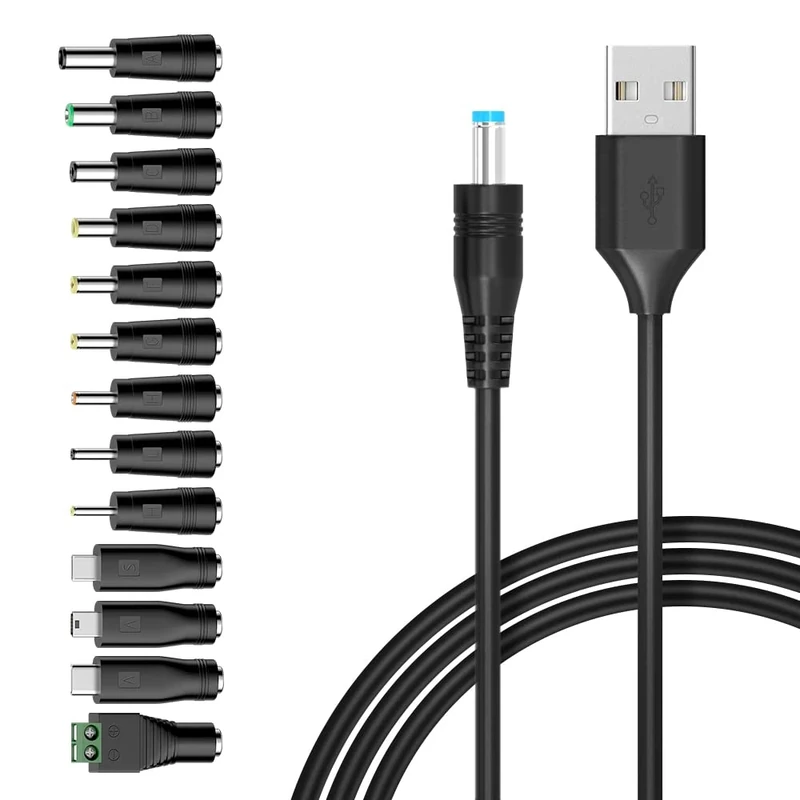 Zolt USB to DC 5V Cable - Universal Power Cord With 13 DC Plugs, 5.5x2.5mm Type C Micro USB Mini USB and More