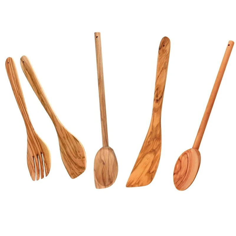 Fackelmann 9902050 Olive Wood Kitchen Utensils Set, 4 Pieces, Salad Servers, Spoons, Spatula, Olive Wood, 30 cm