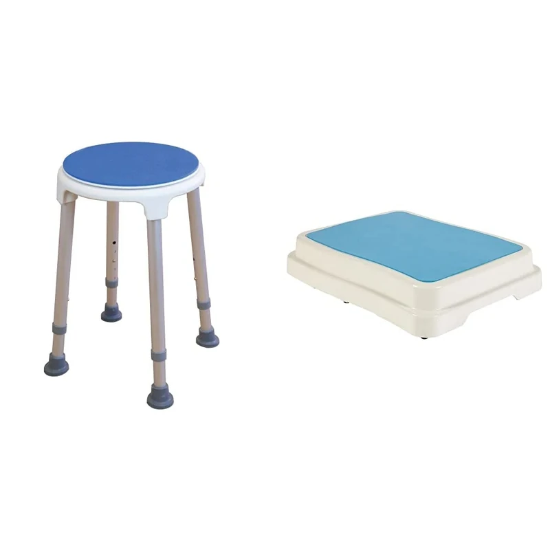 NRS Healthcare Shower Stool M99138 Adjustable Height - with Rotating Swivel Seat & M99515 Bathroom Step 10 cm (4 inch) - Slip Resistant