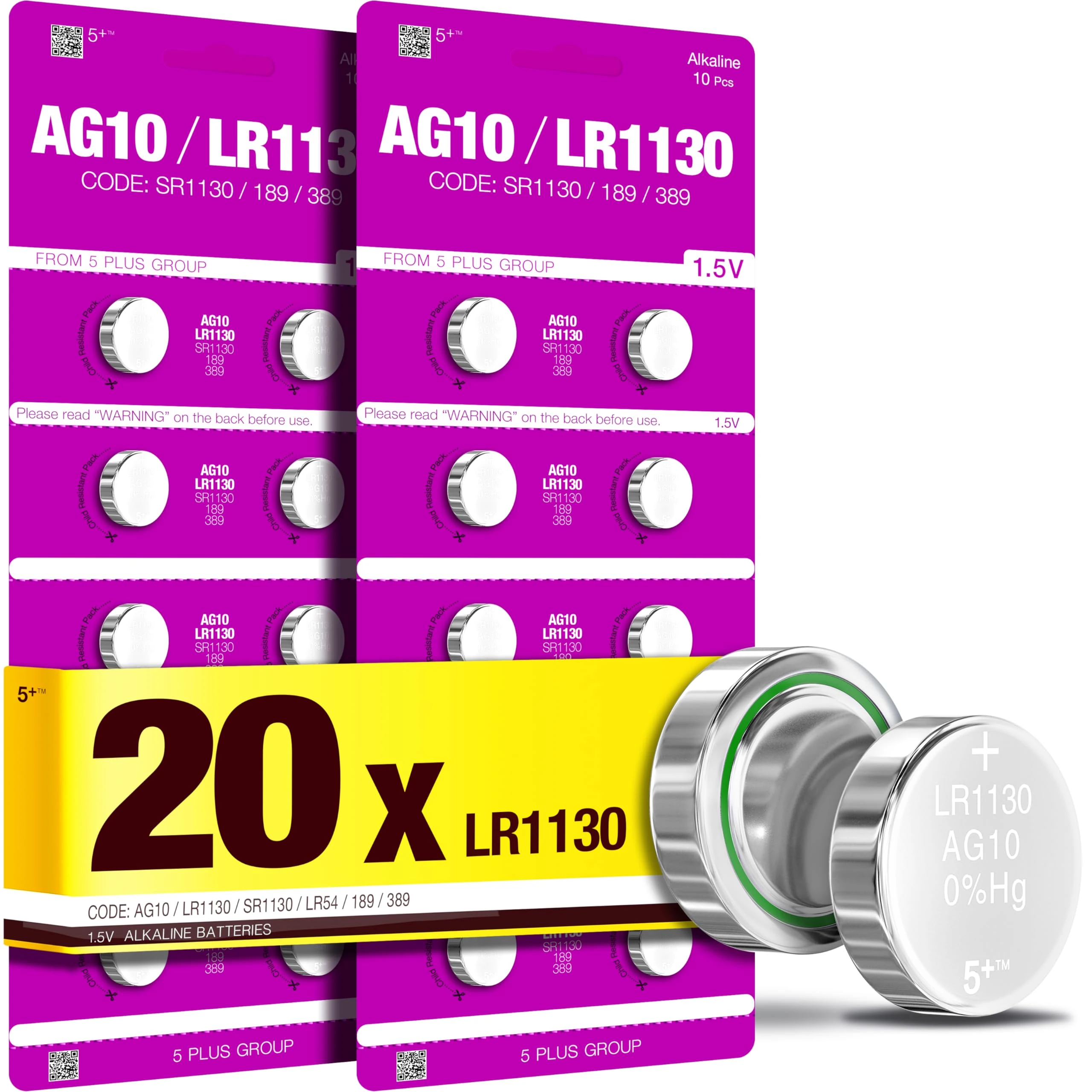 5Plus 20-Pack LR1130 AG10 SR1130 LR54 189 387 390 389 1.5V Alkaline Button Cell Batteries – for Watches, Hearing Aids, Glucometers, Key Fobs, Car Keys, and Small Electronics