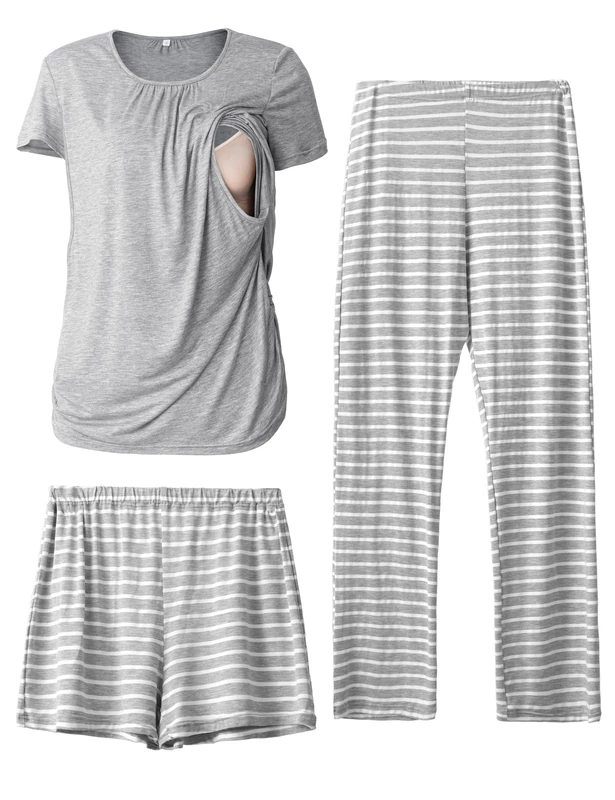 SUNNYBUY Women's Maternity Nursing Pyjamas Set, Short Sleeve Breastfeeding Shirts，Pregnancy Shorts & Pants 3 Piece Maternity Clothes Nightwear, Grey&Stripe M