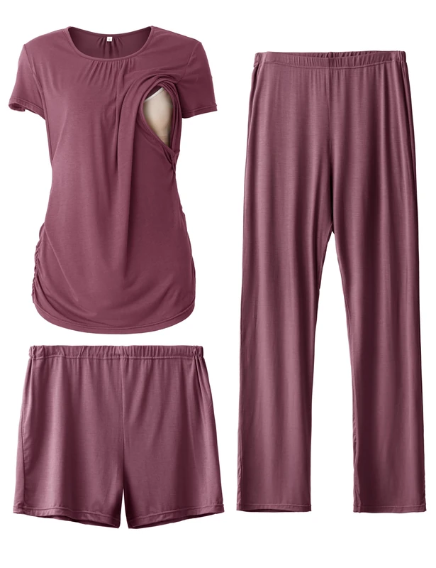 SUNNYBUY Women's Maternity Nursing Pyjamas Set, Short Sleeve Breastfeeding Shirts，Pregnancy Shorts & Pants 3 Piece Maternity Clothes Nightwear, Burgundy M