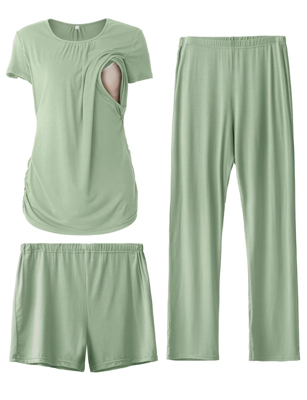 SUNNYBUY Women's Maternity Nursing Pyjamas Set, Short Sleeve Breastfeeding Shirts，Pregnancy Shorts & Pants 3 Piece Maternity Clothes Nightwear, Greyish-green M