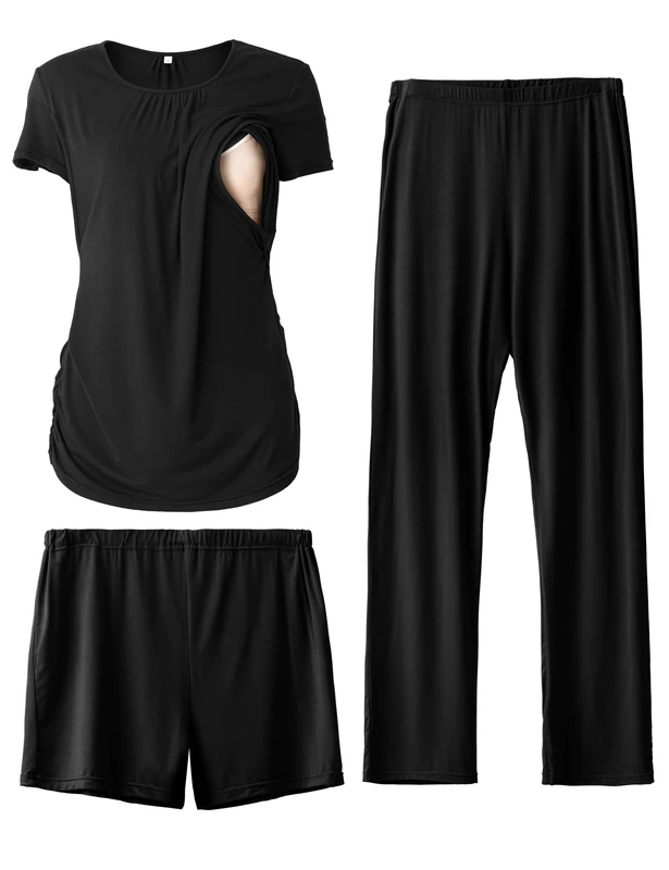 SUNNYBUY Women's Maternity Nursing Pyjamas Set, Short Sleeve Breastfeeding Shirts，Pregnancy Shorts & Pants 3 Piece Maternity Clothes Nightwear, Black S
