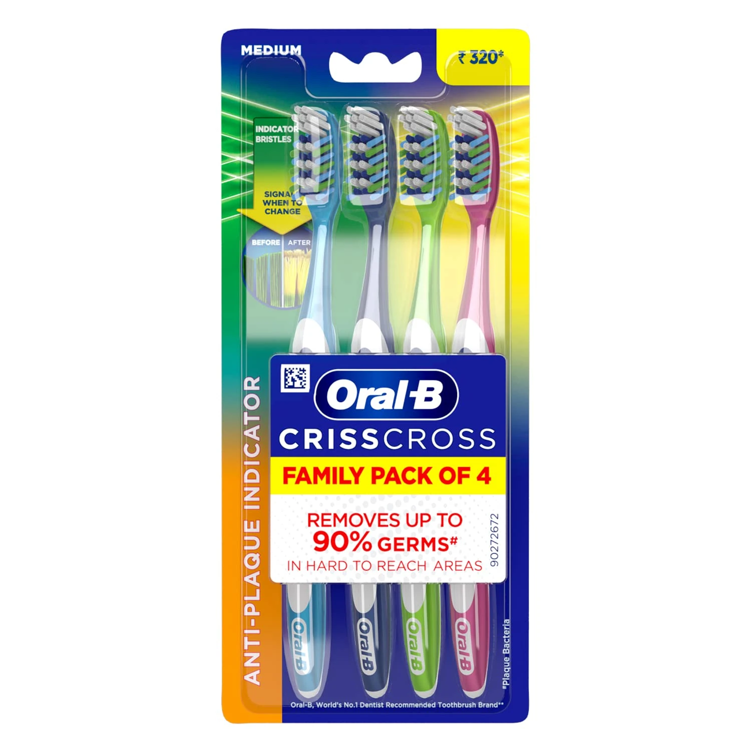 Oral-B Criss Cross Deep Clean Medium Bristles Manual Toothbrush For Adults,Tongue Cleaner, Multicolour Tooth Brush Set, Oral B Dentist Recommended Brand (Family Pack of 4)