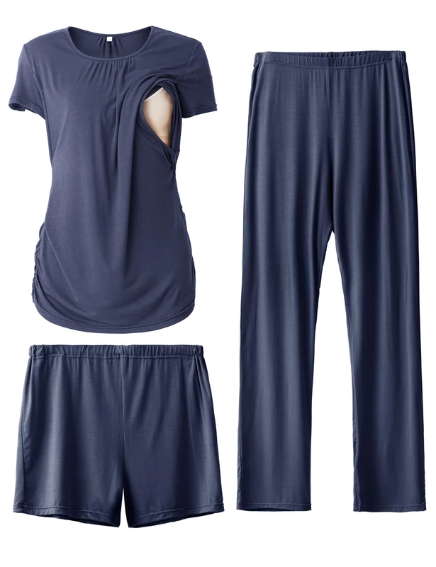 SUNNYBUY Women's Maternity Nursing Pyjamas Set, Short Sleeve Breastfeeding Shirts，Pregnancy Shorts & Pants 3 Piece Maternity Clothes Nightwear, Navy L