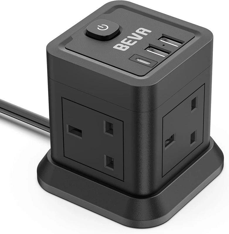 Extension Lead Cube 3M With USB Slots, BEVA 4 Way Extension Socket With 3 USB Ports, Power Strip With Switch Multi Plug Extension with 3 Metre Long Cable For Home Travel Office Dorm-Black…