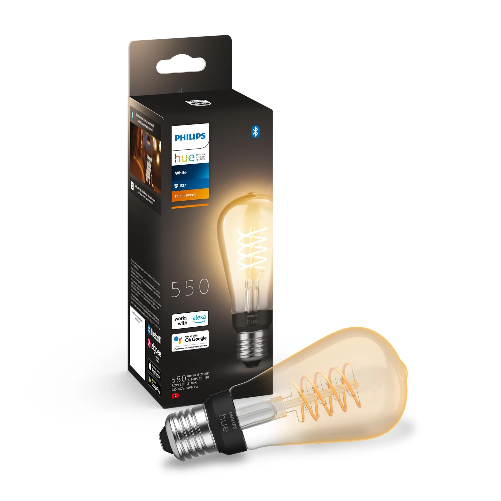 Philips Hue White Filament ST64 Smart Light Bulb [E27 Edison Scew] with Bluetooth, for Indoor Decorative Home Lighting, Vintage.