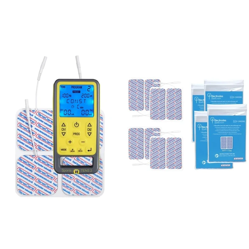 TENScare Sports Tens2 for Pain Relief, Muscle Toning and Relaxation (Eligible for VAT relief in the UK) & Superior Large Electrode pads (4 packs of 2 pads) 50 x 90 mm