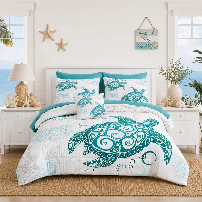 Move Over Sea Turtle Bedding Set with Sheet Set 8 Pcs Bed in A Bag King Size Kids Boys Coastal Summer Comforter Set Turquoise Ocean Turtle Down Comforter Set for Kids Boys Teens