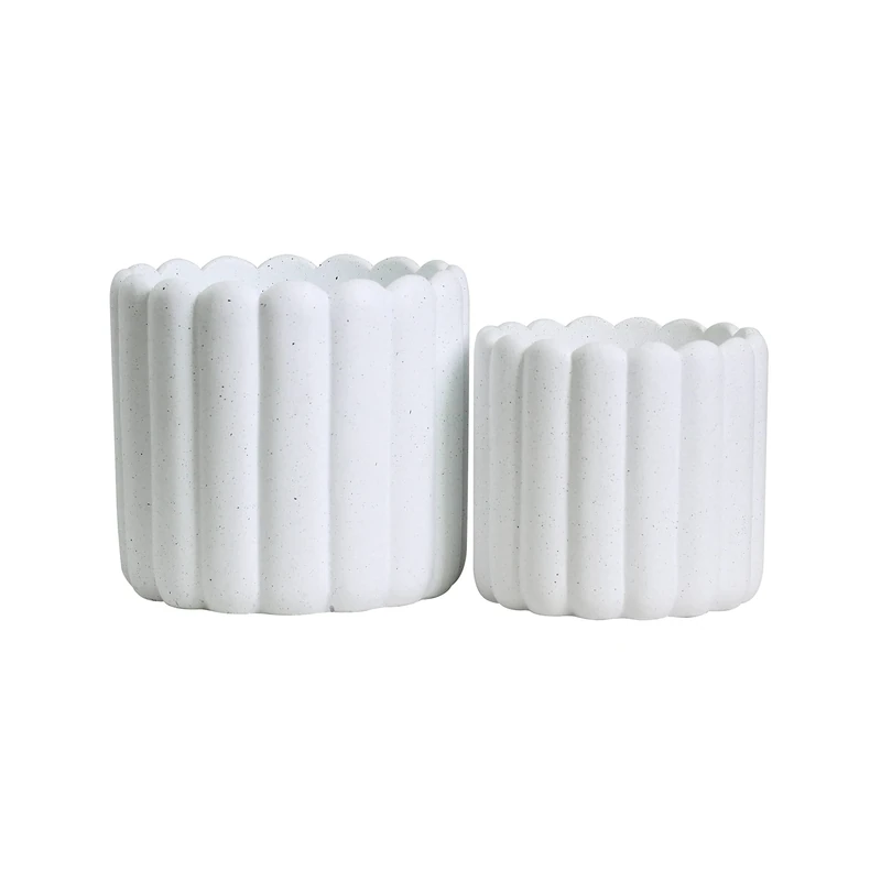 Olly & Rose Ios Vertical Striped Plant Pot - White Speckled Ceramic Planter - 17 and 13cm diameter Indoor and Outdoor Flower Pots (White)