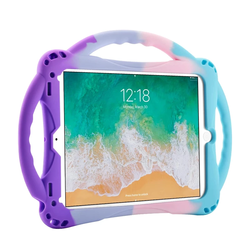 TopEsct Kids Case for iPad 6th/5th Gen, iPad Air/Air 2 & iPad Pro 9.7 inch, Built-in Handle Stand Comes with a Strap, Silicone Shockproof Protective Cover (Purple&Turquoise)