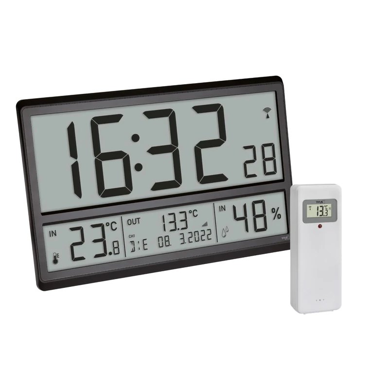 TFA Dostmann 60.4523.01 Digital XL Wall Clock with Outdoor Temperature and Indoor Climate Radio-Controlled Clock 24 Hours Display Full Date Black (L) 360 x (W) 235 x (H) 28 (84) mm