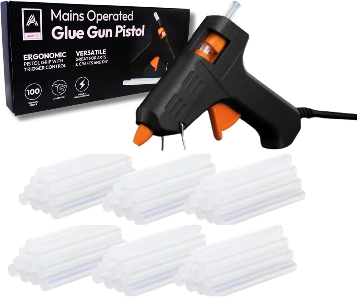 Aspect Hot Glue Gun Mini Fireproof Kit with 100 Glue Sticks 7mm, 20W Fast Heating, DIY for School Christmas Crafts, Tool, Home Repairs, Cardboard, Plastic and Glass Pistol Design, Christmas Gifts