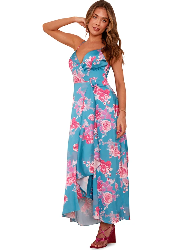 Chi Chi London Cami Floral Wrap Midi Dip Hem Dress in Green