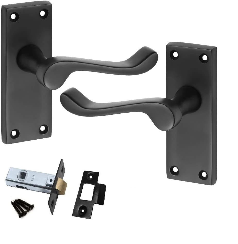 Golden Grace Premium Victorian Scroll Latch Door Handles with Latch Pack Set in Matt Black Finish, 1 Pack - 120mm x 40mm Backplate